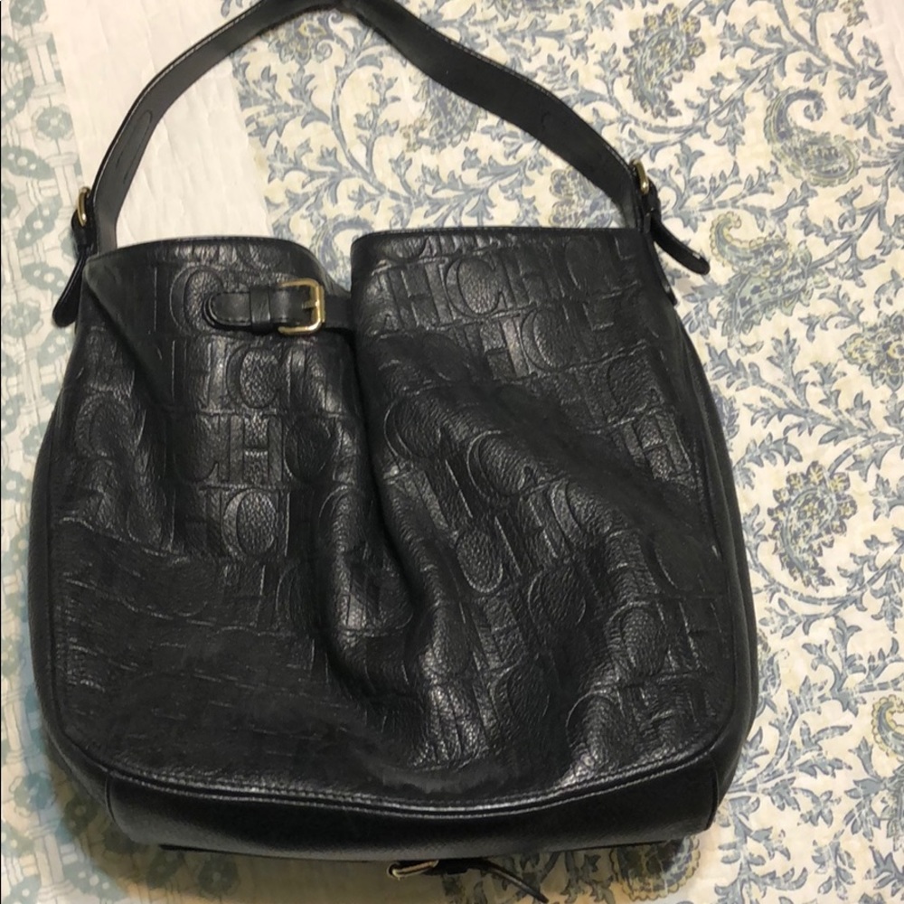 Carolina Herrera Monogram Black Leather Hobo Bag